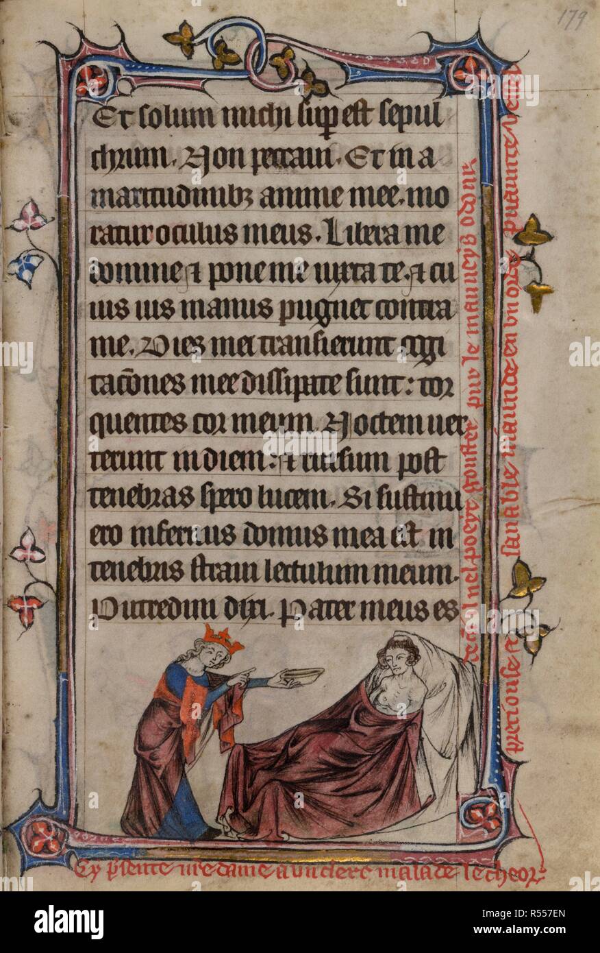 Bas-de-page scene of Dainties on a Foul Dish, of the Virgin Mary reprimanding and offering a dish to a bedridden cleric, with a caption reading, â€˜Cy p[re]sente n[ost]re dame a un clerc malade lecheor preciouse et sanable viaunde en un orde puaunte vessel de a[u]I il nel poeyt gouster pur le mauveys odourâ€™. Book of Hours, Use of Sarum ('The Taymouth Hours'). England, S. E.? (London?); 2nd quarter of the 14th century. Source: Yates Thompson 13, f.179. Language: Latin and French. Stock Photo