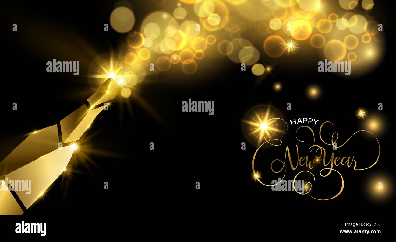 New Year luxury golden greeting card illustration, champagne bottle ...