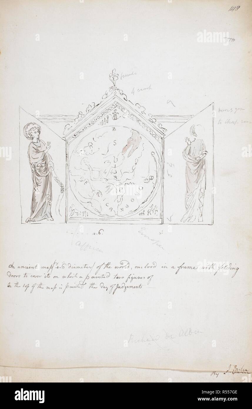 Drawing of the Hereford World Map in its original frame, with folding doors, and decorated with painted figures. At the top of the map is a Day of Judgement scene. Sketches relating to the Antiquities and Architectecture of England, Vol. XVIII. England [Hereford]; 1816. Source: Add. 29942, f.148. Language: English. Author: JOHN CARTER. Stock Photo