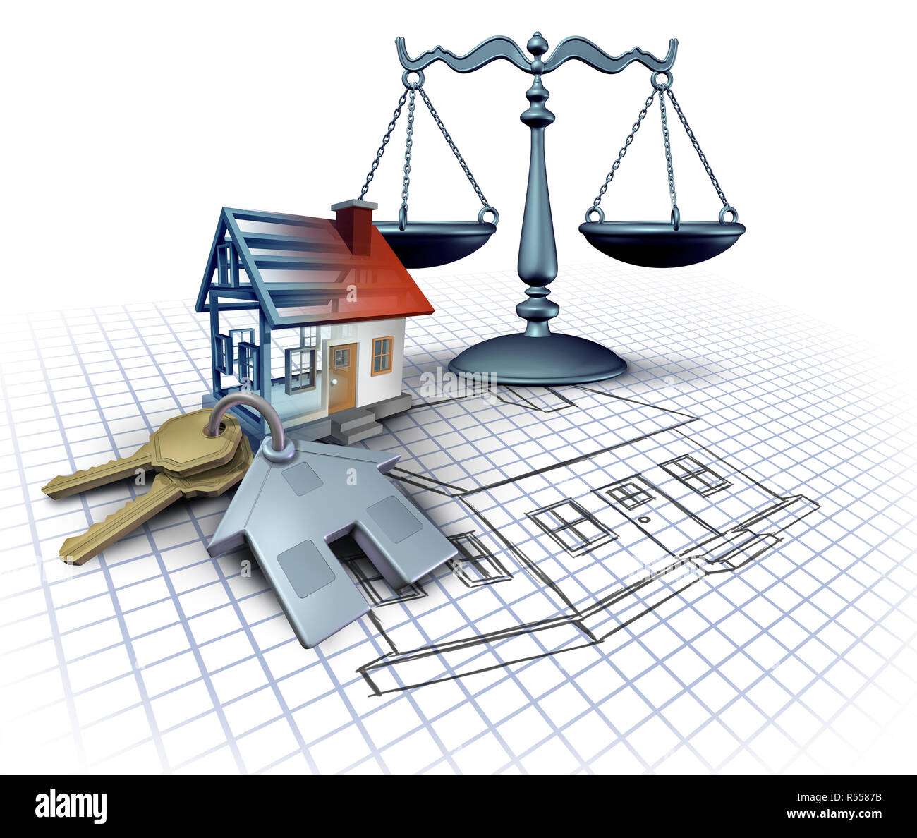 Home construction law and legal building codes as a real estate legislation featuring blue print plans with house keys. Stock Photo