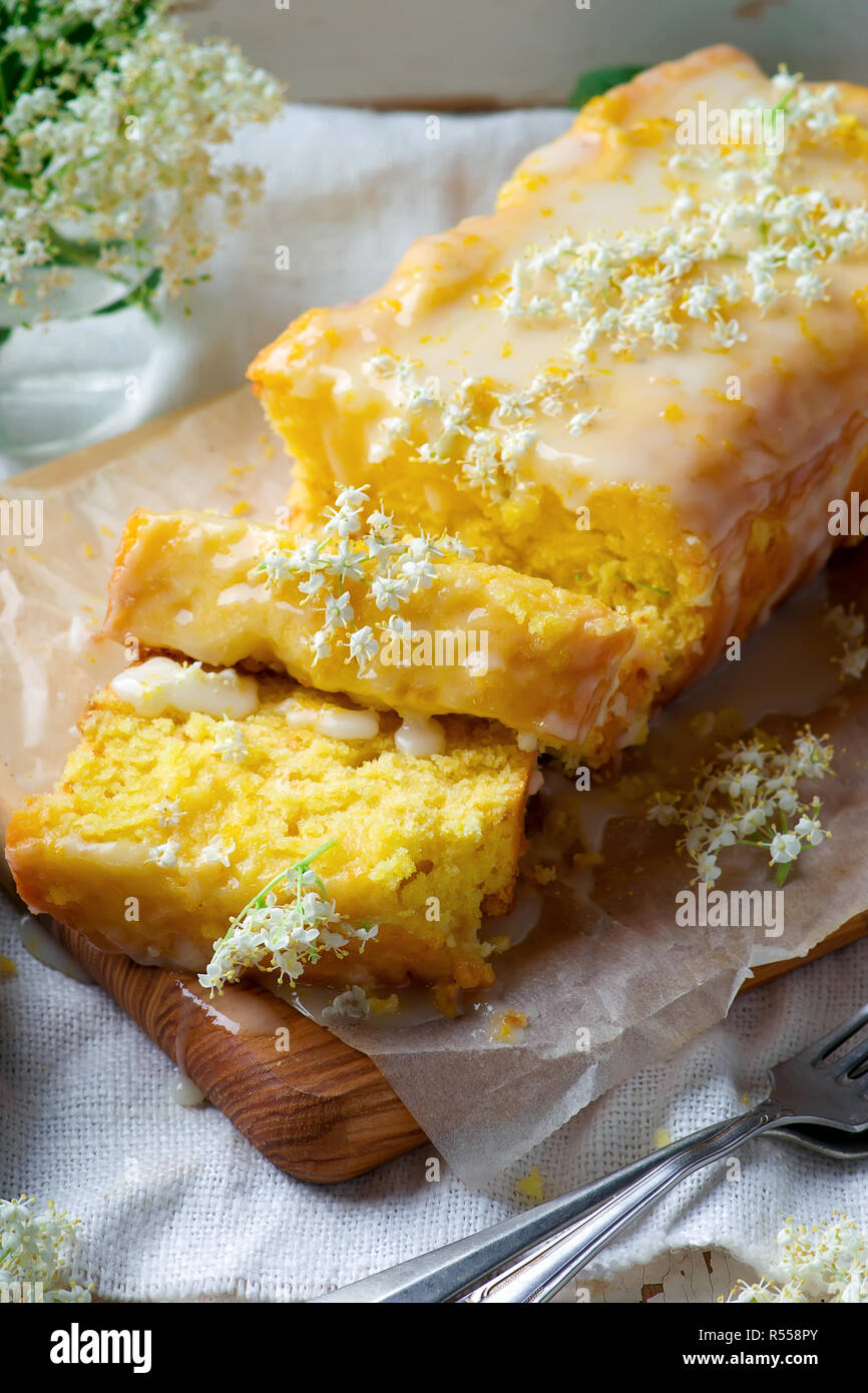 LEMON and ELDERFLOWER DRIZZLE CAKE.vintage style.selective focus Stock ...