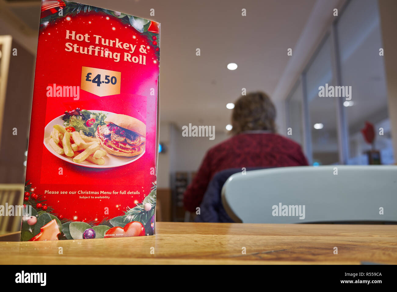 Christmas menu on a table at the Morrisons cafe in Corby, England Stock