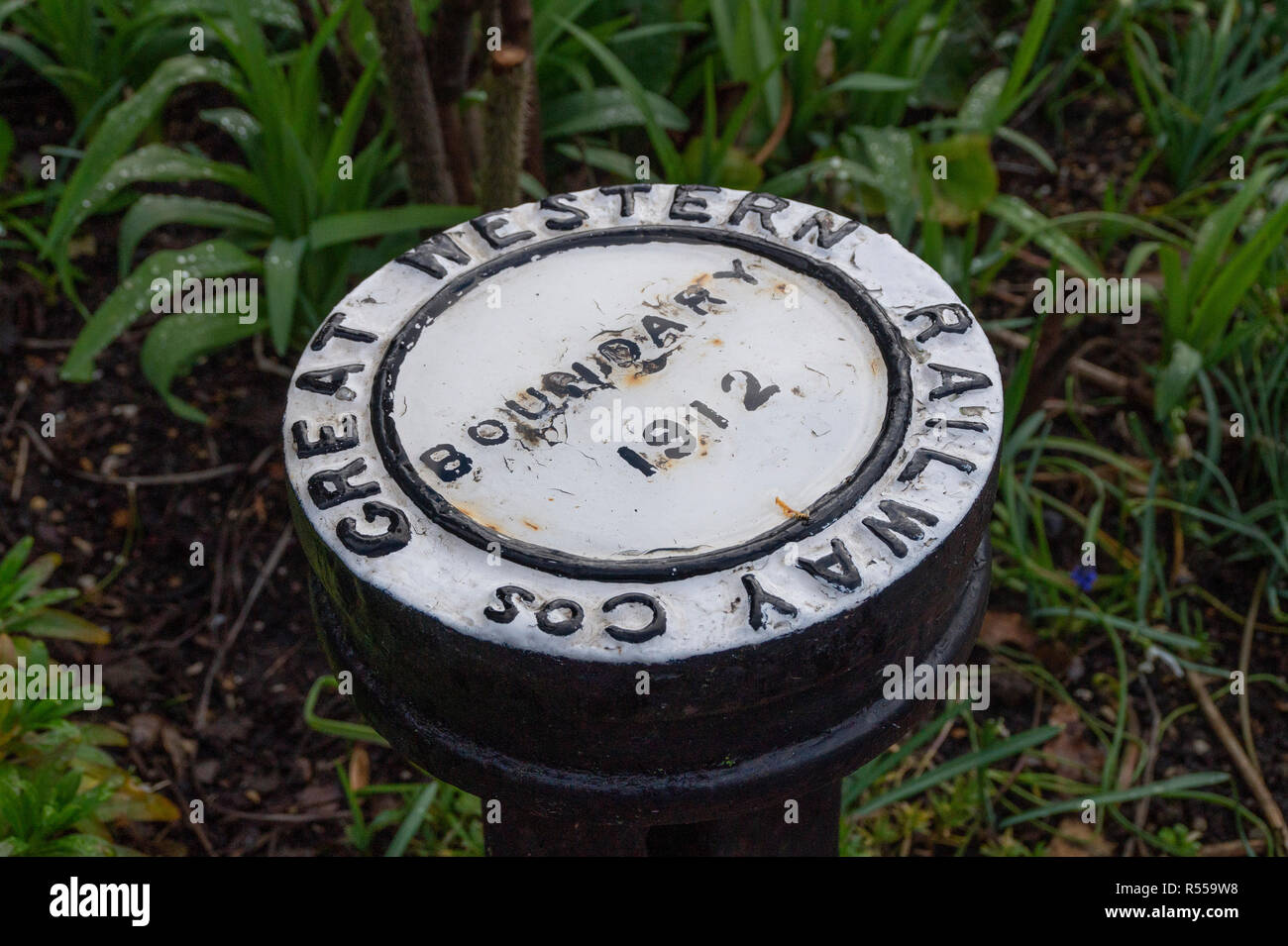 Great Western Railway 1912 Boundary Marker at Bishop's Lydeard railway station. Stock Photo