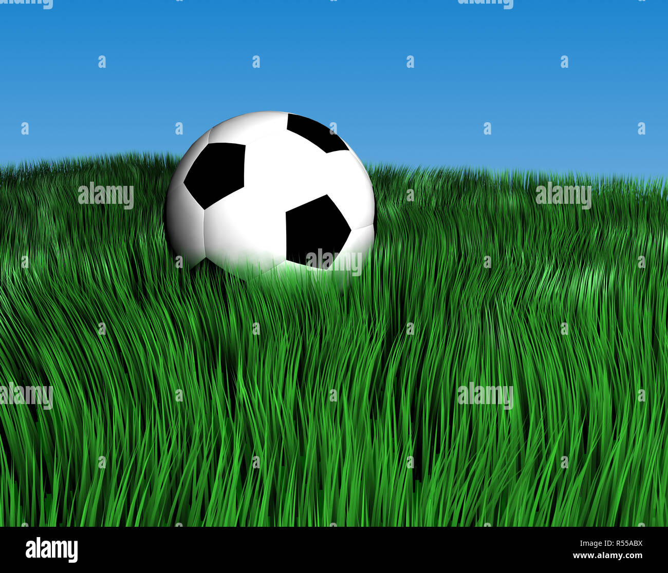 football in the grass under blue sky Stock Photo