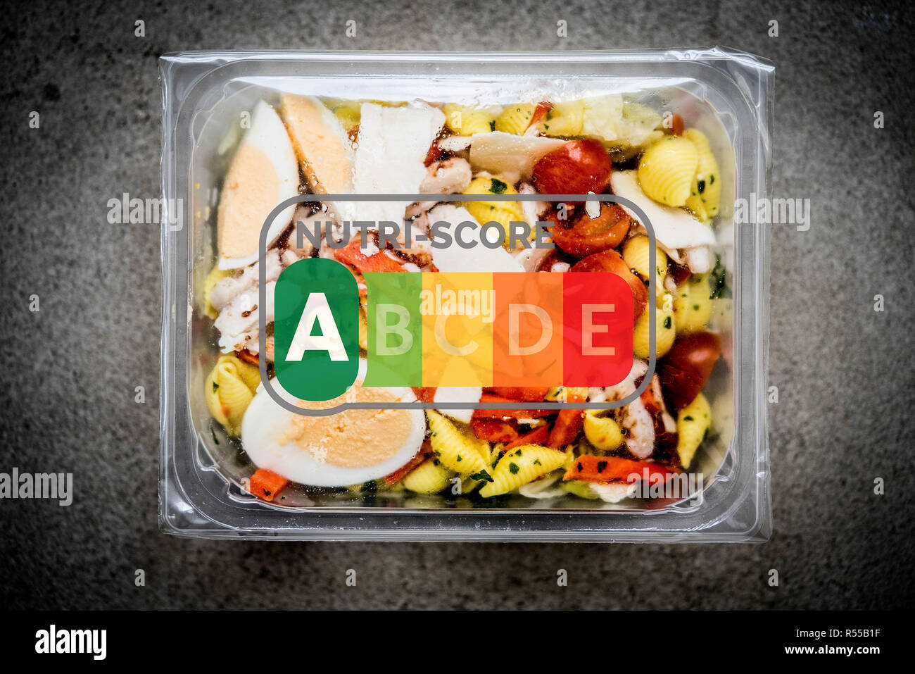 Concept on the nutrition information system in 5 colors NUTRI-SCORE, France. Stock Photo