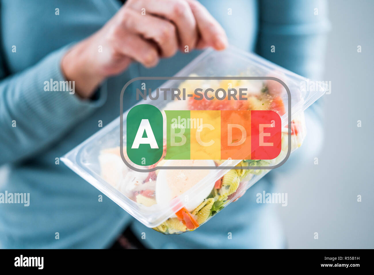 Concept on the nutrition information system in 5 colors NUTRI-SCORE, France. Stock Photo