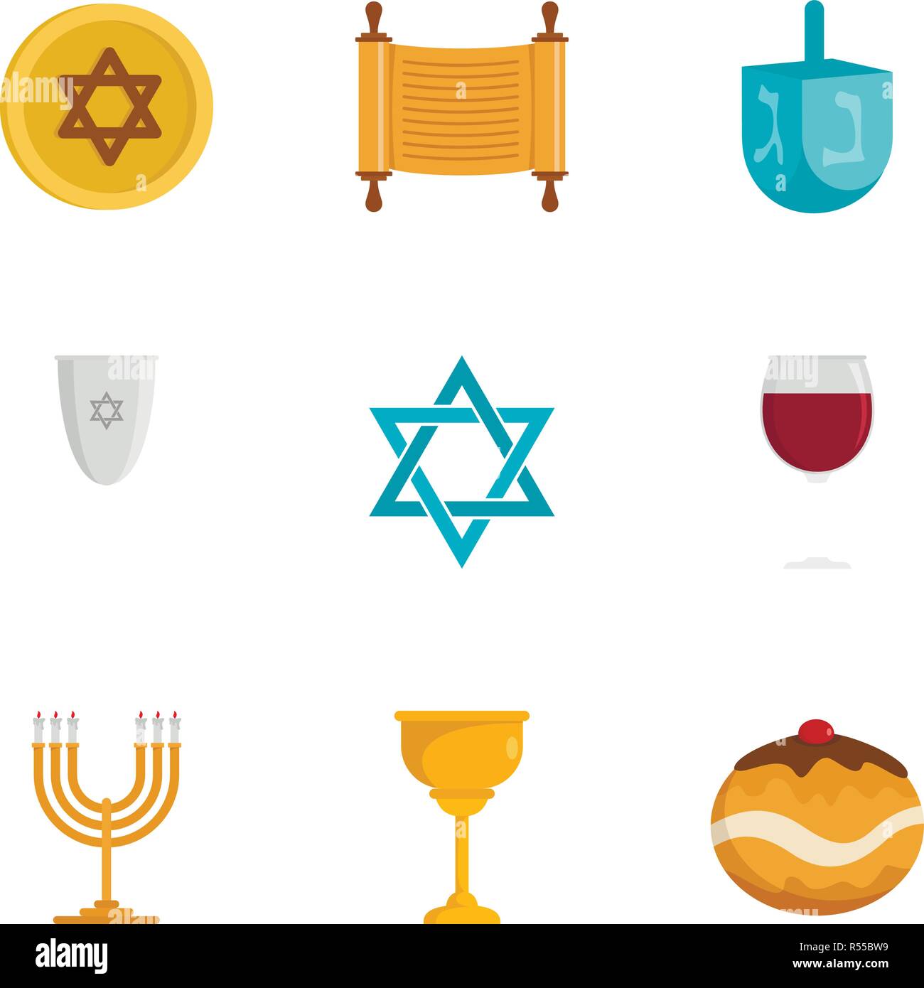 Jewish religion icon set. Flat set of 9 jewish religion vector icons for web design Stock Vector