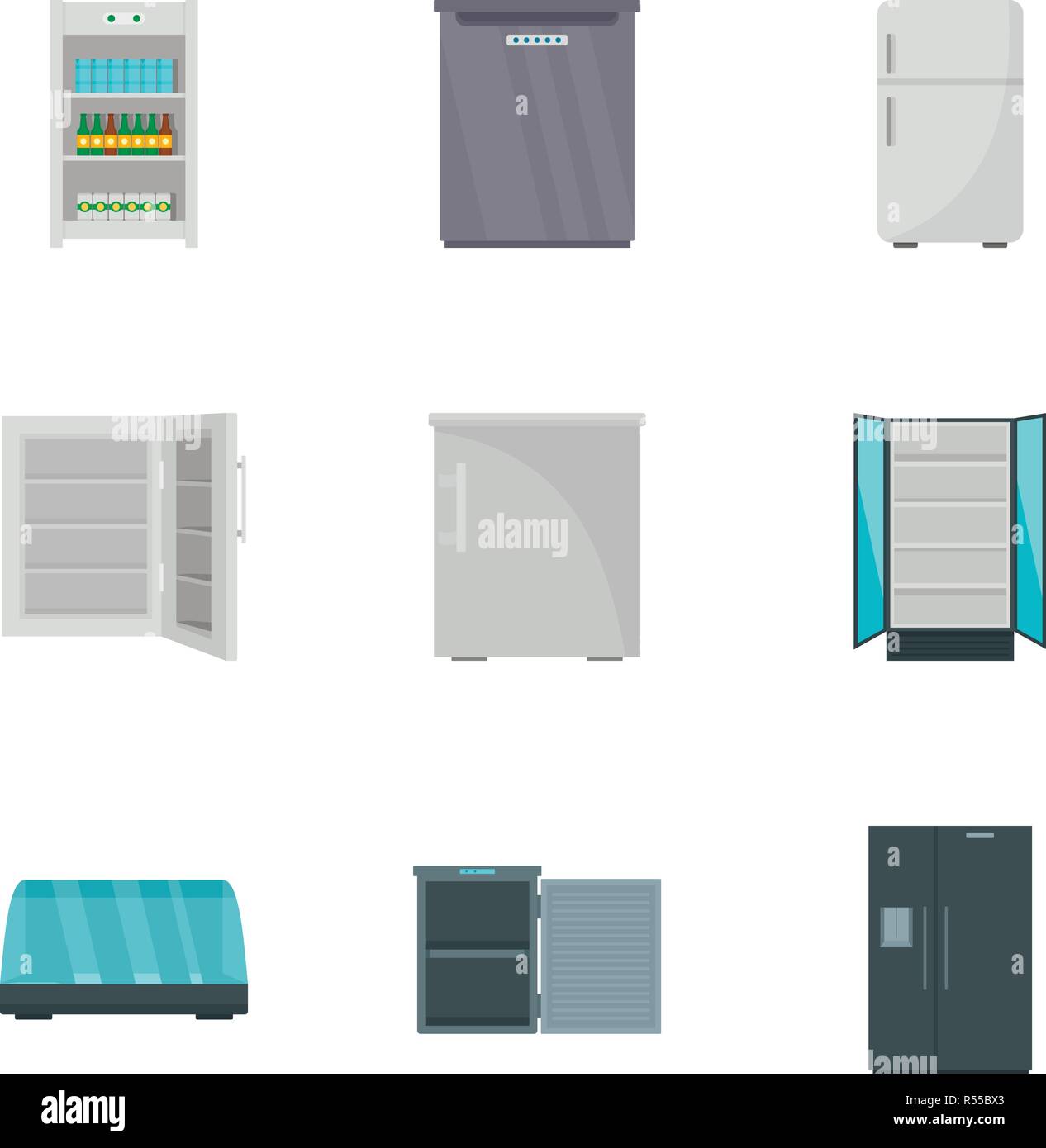 Kitchen fridge icon set. Flat set of 9 kitchen fridge vector icons for web design Stock Vector