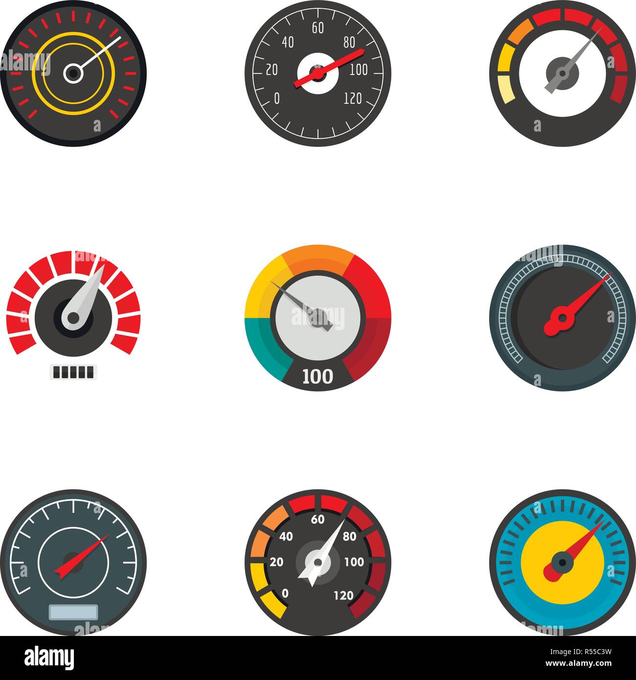 Gauge icon set. Flat set of 9 gauge vector icons for web design Stock