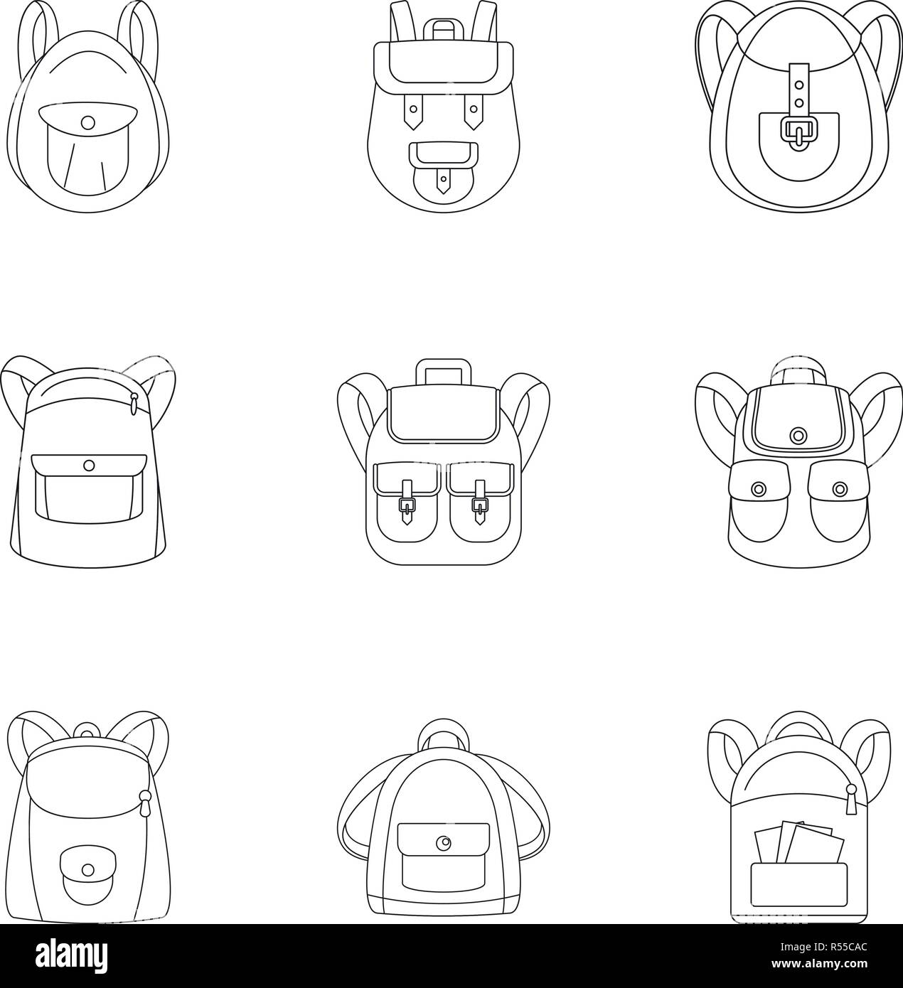 Camping backpack icon set. Outline set of 9 camping backpack vector icons for web design isolated on white background Stock Vector