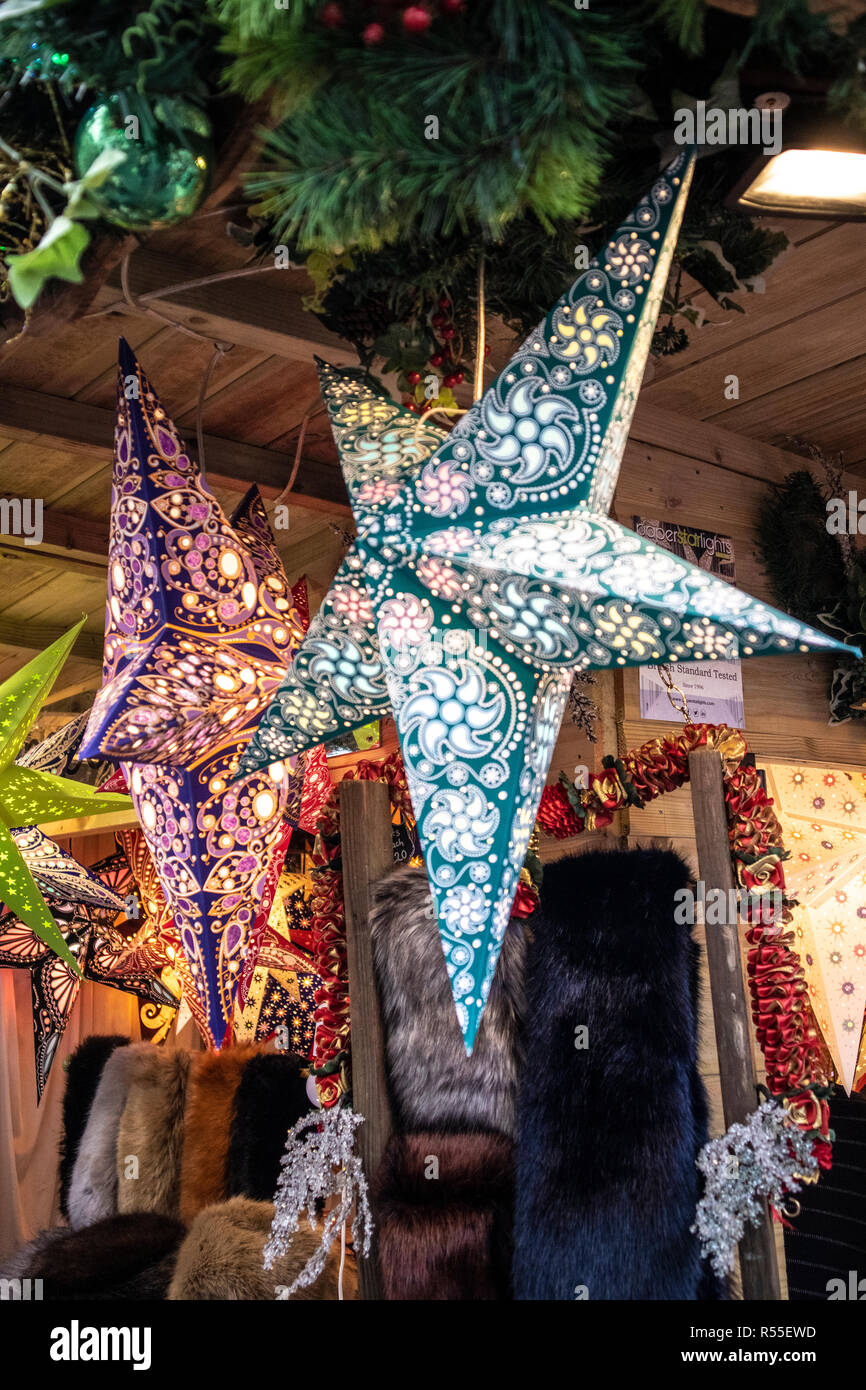 BATH, UK - NOVEMBER 29, 2018: Hut Selling Stars at Bath Christmas Market. Stock Photo