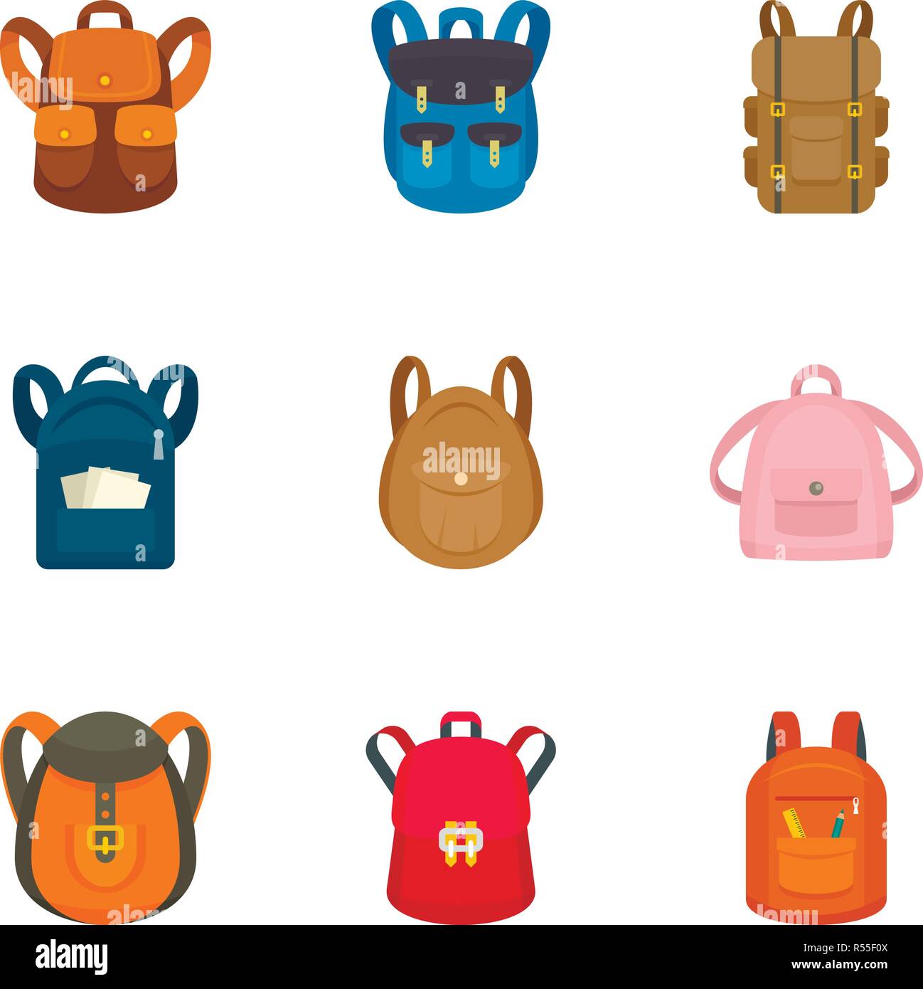 Children backpack icon set. Flat set of 9 children backpack vector ...