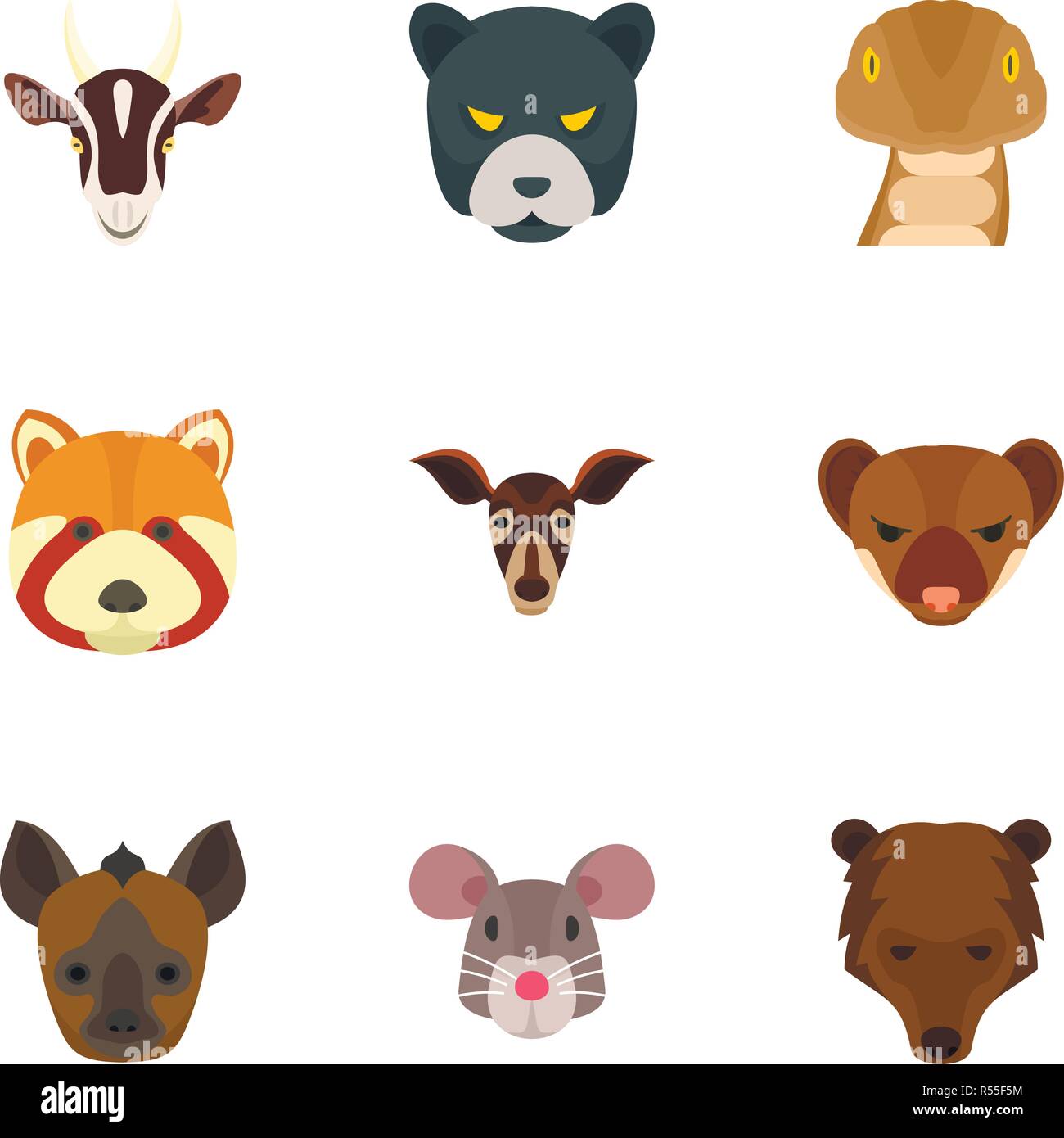 Wild animal head icon set. Flat set of 9 wild animal head vector icons for web design Stock Vector