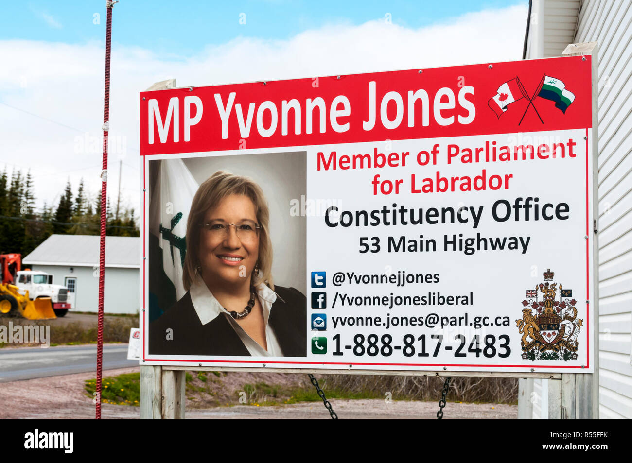 A sign for the Constituency Office of Yvonne Jones, a Canadian politician of Inuit descent and Liberal Member of Parliament for Labrador. Stock Photo