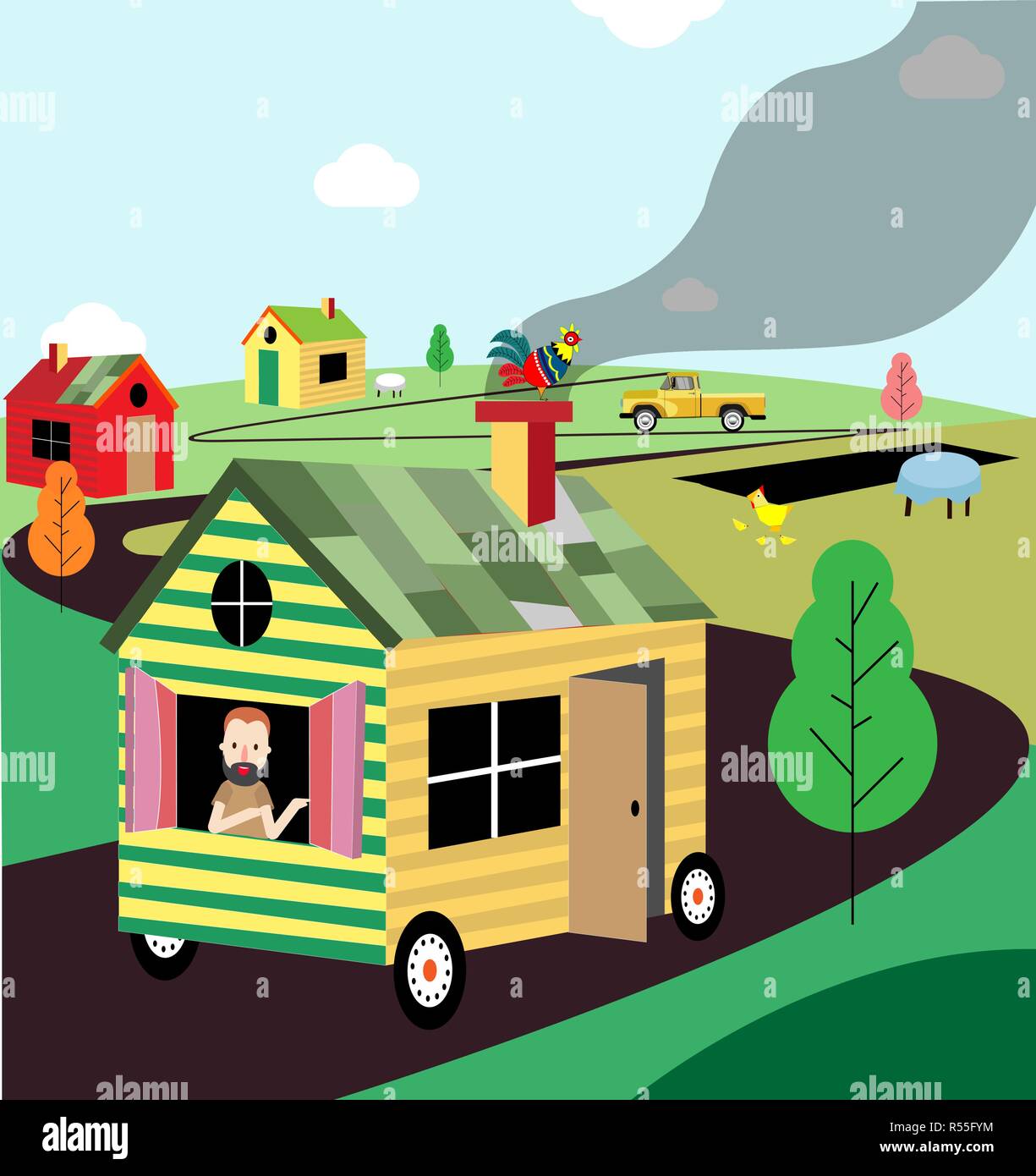 Vector illustration. Mobile home rides on the road. Vacation, summer. Stock Vector