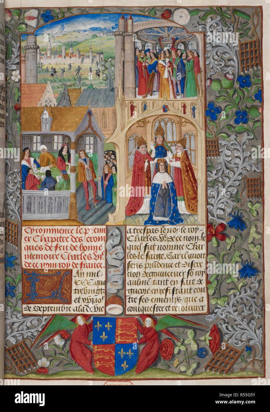 Coronation of Charles VII. Miniature composed of four scenes: 1. France ravaged by the English; 2. A council of barons; 3. Lawyers reading opinions to Louis of Anjou and Sicily; 4. The coronation of Charles VII, with a full border containing the royal arms of England, a scroll with the motto 'Dieu et mon droit' and six portcullis badges of the Beauforts used by Henry VII; and an illuminated initial 'L'(an). Chroniques de France ou de Saint Denis (from 1380 to 1422). Netherlands, S., or England, 1487. Source: Royal 20 E. V, f.8. Author: Hugues de Lembourg (Scribe). Stock Photo