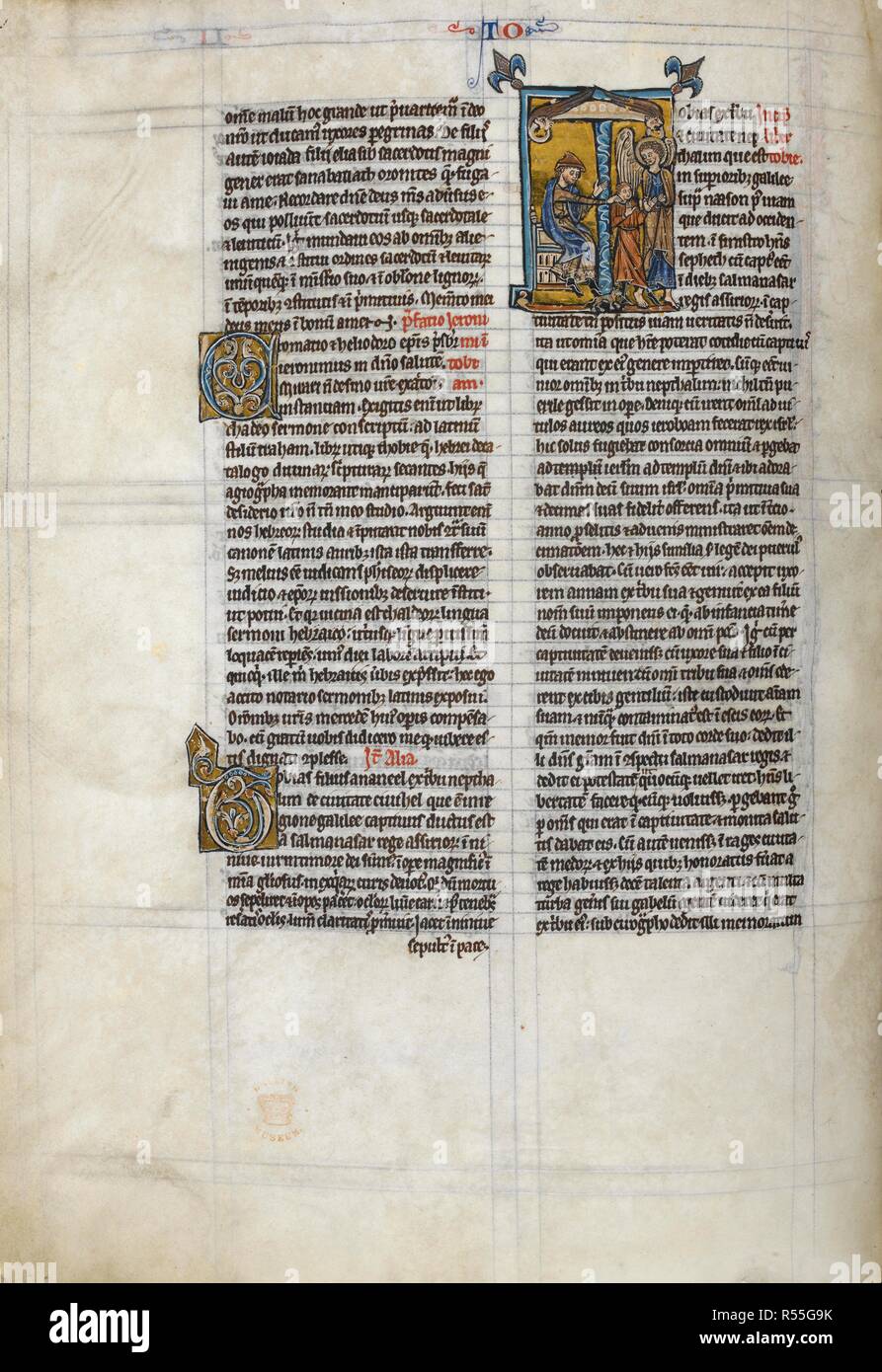 Illuminated historiated initial 'T' at the beginning of Tobit, with Tobit on the left (his closed eyes signifying his blindness) sending out his son Tobias with the angel Raphael, instead of the more usual scene of the blinding of Tobit which is more typically illustrated. Bible with prologues, without Psalms ('The Bible of Robert de Bello'). England, S. E. (Canterbury?); between c. 1240 and 1253. Source: Burney 3, f.207v. Language: Latin. Stock Photo