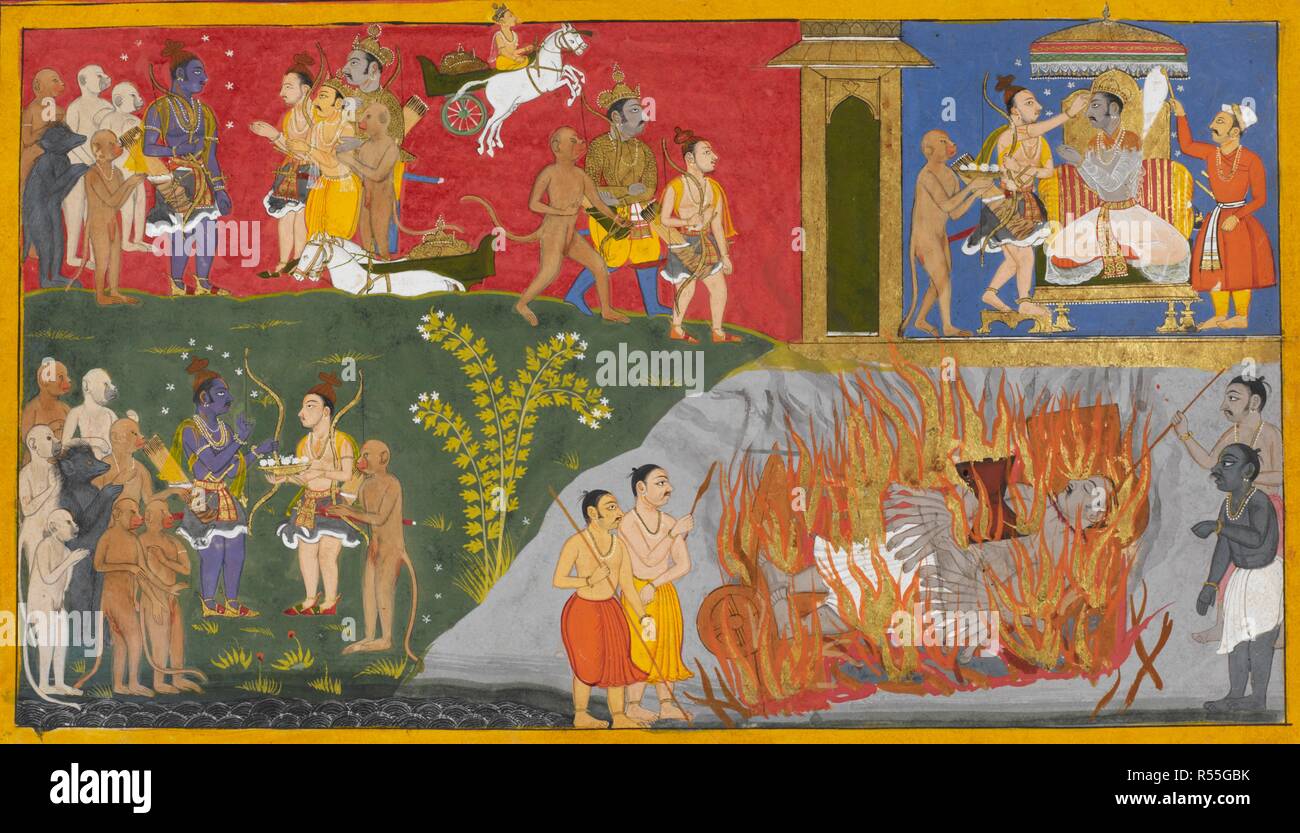 Bibhishana sets light to the funeral pyre and Ravana's body is burnt. Lakshmana offers pinda cakes to Rama, bottom left. Above, Rama divests himself of the divine armour, sending Matali and his chariot back to Indra. Rama instructs Lakshmana to consecrate Bibhishana King of Lanka which he does, top right. Ramayana, Yuddha Kanda. Udaipur, 1652. Source: Add. 15297(1), f.175. Language: Sanskrit. Author: SAHIB DIN. Stock Photo