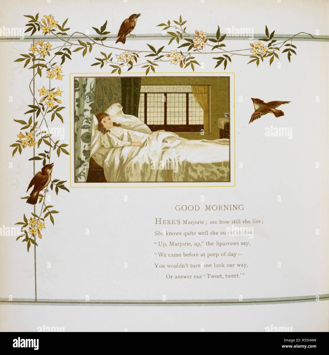 'Good Morning'. A girl lying in bed. At Home again. Verses. [Illustrated by] J. G. Sowerby and T. Crane. London : Marcus Ward & Co., [1886]. Source: 12806.t.30, page 10. Language: English. Author: Sowerby, John: Crane, T. Stock Photo