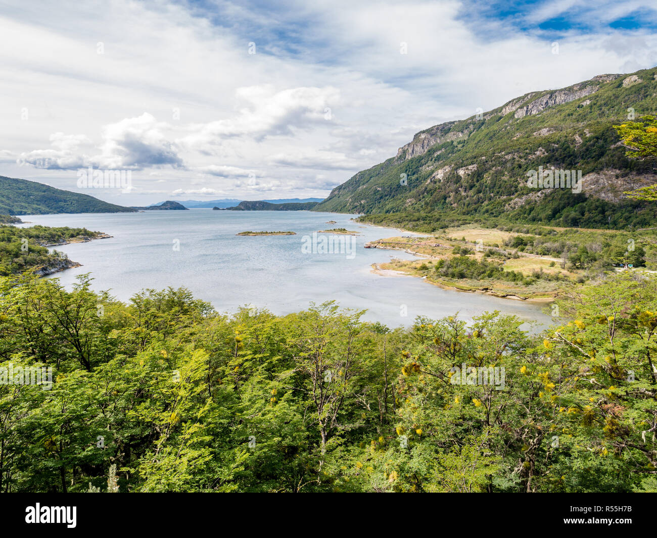 Panorama of Lapataia Bay and Beagle Channel in Tierra del Fuego National Park, Patagonia, Argentina Stock Photo