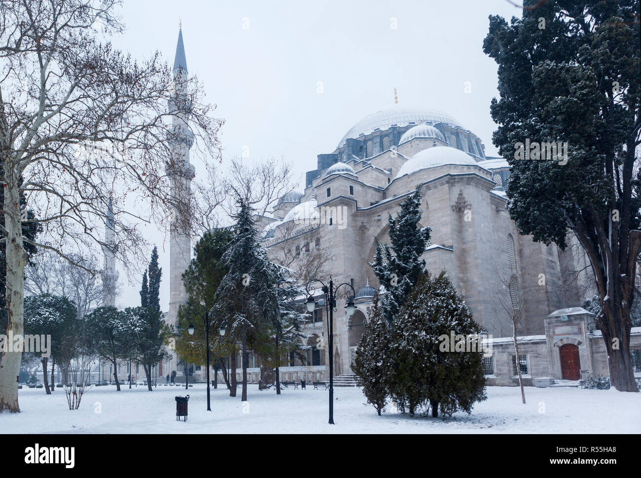 A snowy day at Suleymaniye Mosque , Istanbul Stock Photo