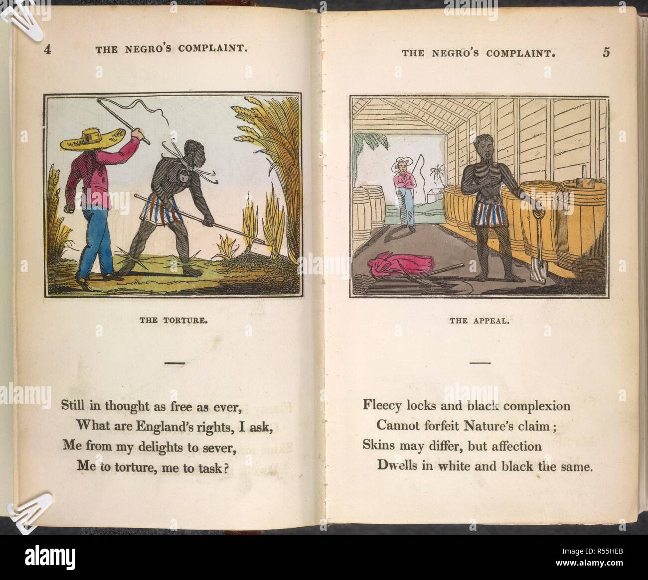 A slave being flogged. The Negro's Complaint: a poem. To which is added,. Harvery & Darton: London, 1826. The Torture. The appeal.  Image taken from The Negro's Complaint: a poem. To which is added, Pity for Poor Africans. (A children's book. With coloured woodcuts).  Originally published/produced in Harvery & Darton: London, 1826. . Source: T.1271.(1), 4 - 5. Language: English. Stock Photo