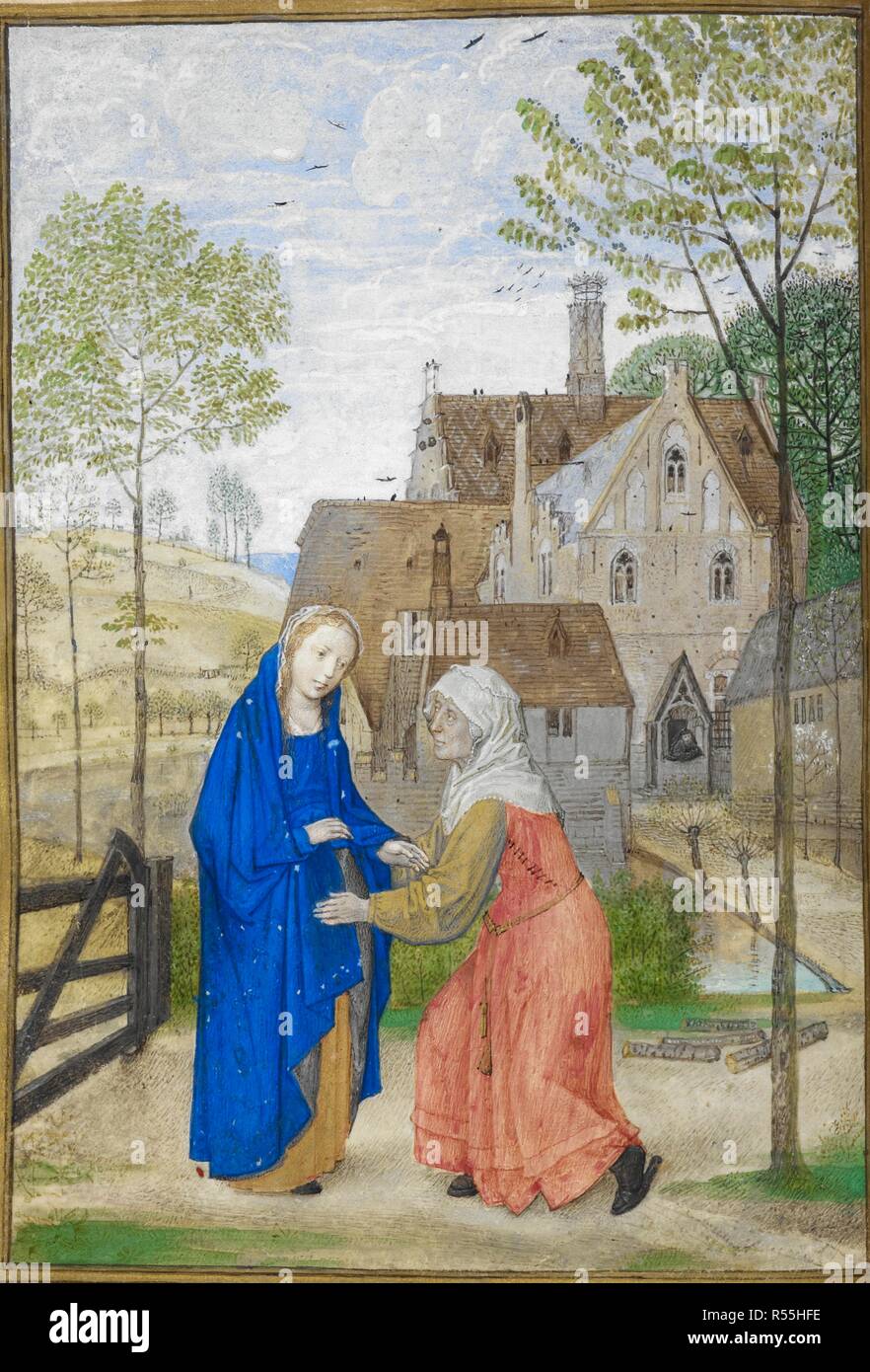 Office of Lauds. The Visitation. Mary and Elizabeth in the garden of a country house. Book of Hours, Use of Rome (The 'Huth Hours'). S. Netherlands [Bruges], France [probably Valenciennes]; 1485-1490. Source: Add. 38126, f.66v. Language: Latin with additions in Latin, French and Italian. Stock Photo