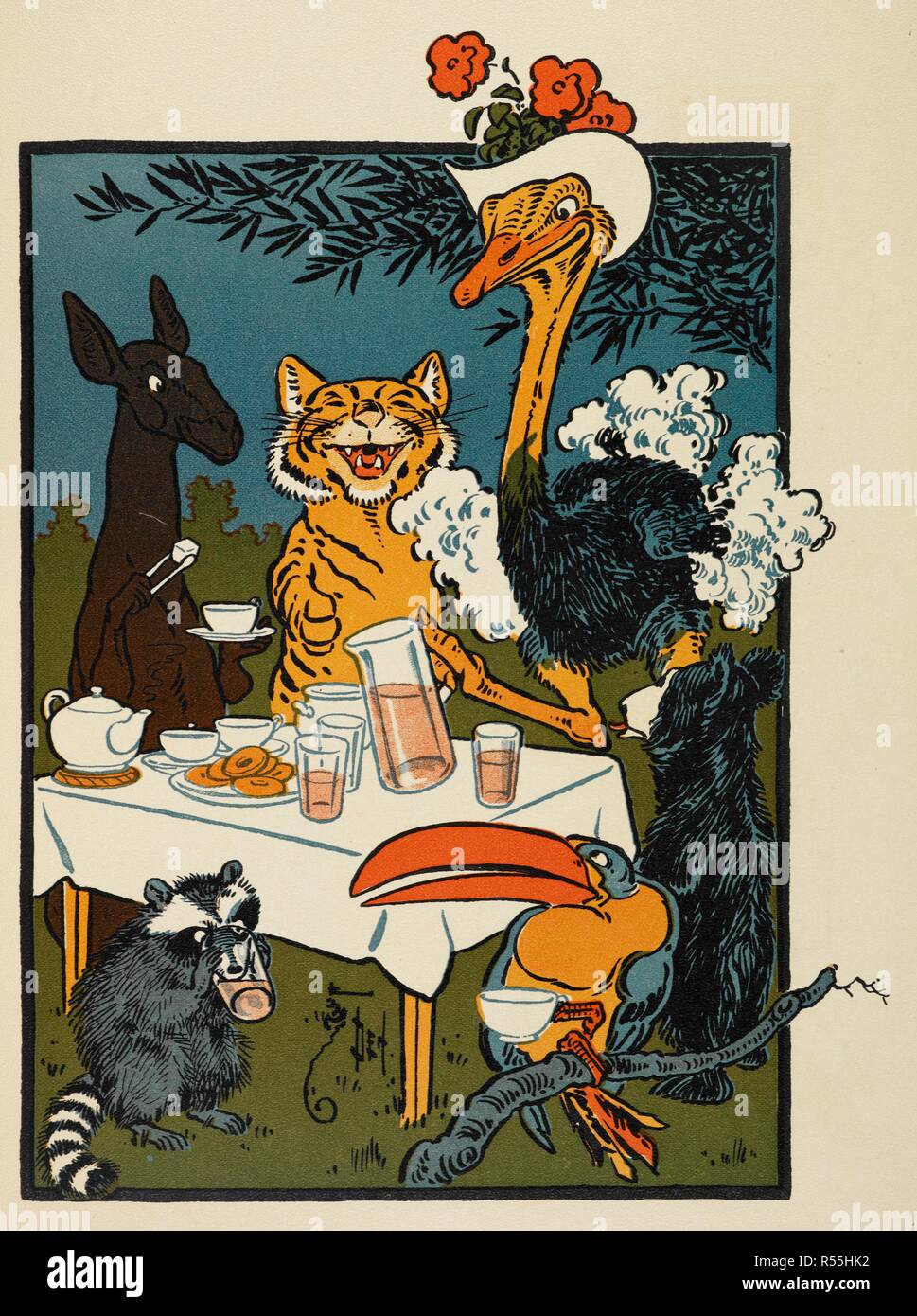 A kangaroo, tiger, ostrich, raccoon and pelican, having a feast together. . Denslow's Scarecrow and the Tin-Man, and other stories. [With illustrations by the author.]. T. Fisher Unwin: London; New York [printed], [1904.]. Source: 12812.d.19. Author: Leason, Percy Alexander. Stock Photo