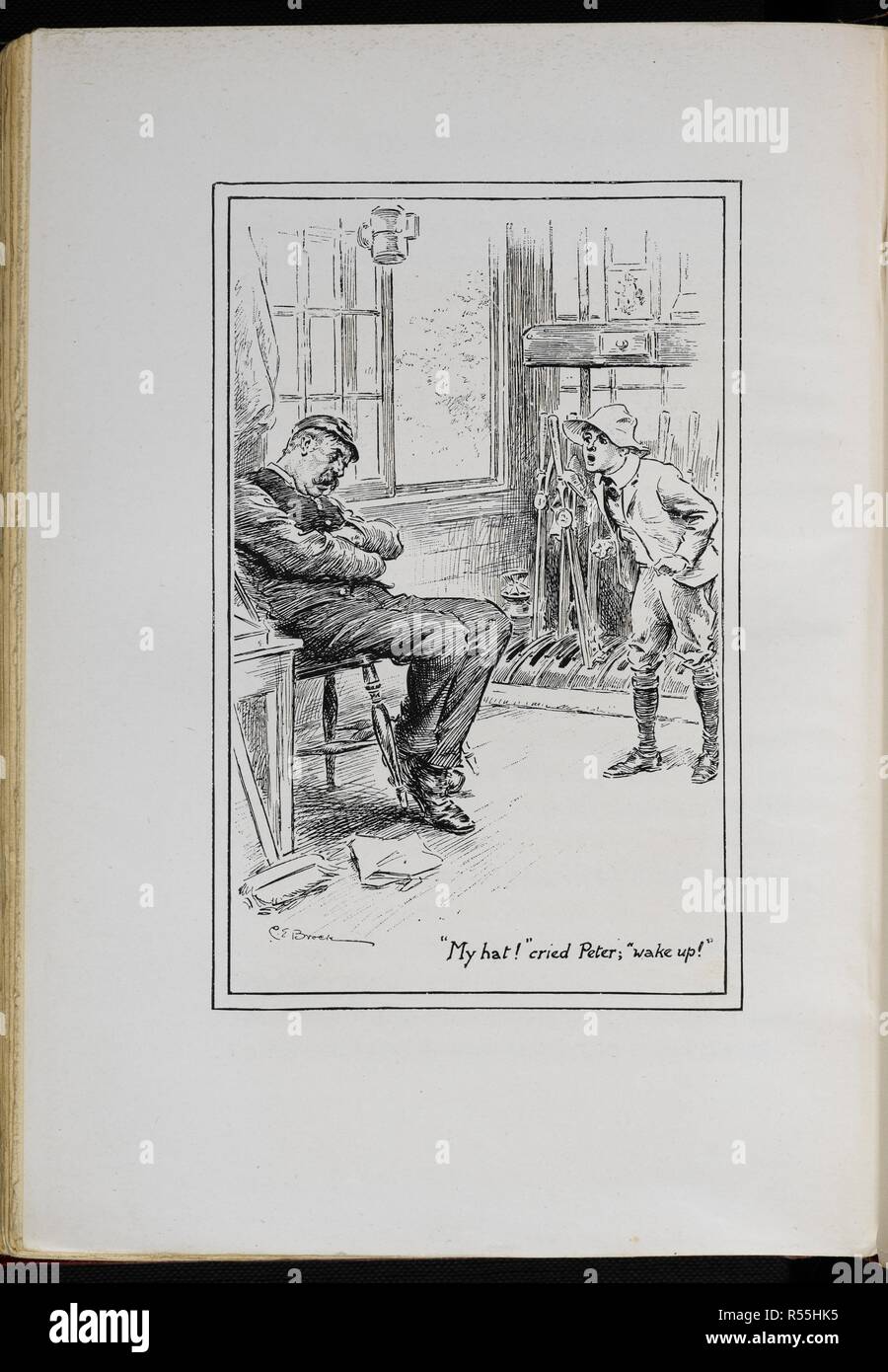 'My hat !' cried Peter ; 'wake up'. The Railway Children With drawings by C E Brock. London : Wells Gardner & Co., 1906. Source: 12813.y.7 page 259. Language: English. Author: Brock, Charles Edmund. Nesbit, afterwards Bland, Edith. Stock Photo
