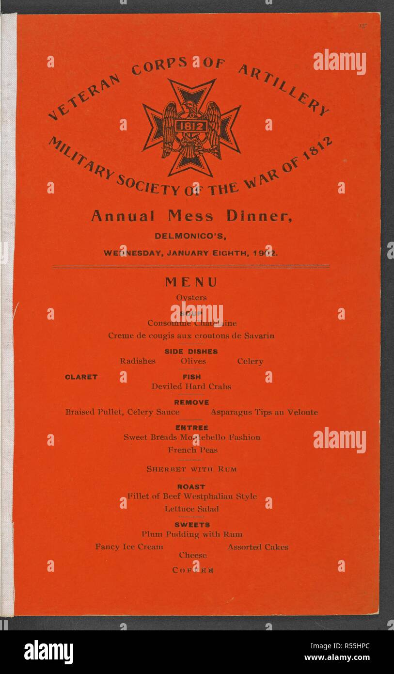 A menu for the veteran corps of artillery military society of the war of 1812, annual mess dinner. A collection of menu cards of dinners and reports of celebrations in the United States of America in the years 1890-1904, formed by Miss F. E. Buttolph. Bound in three volumes. 1890-1904. Source: C.120.f.2 volume 4 no.18. Stock Photo