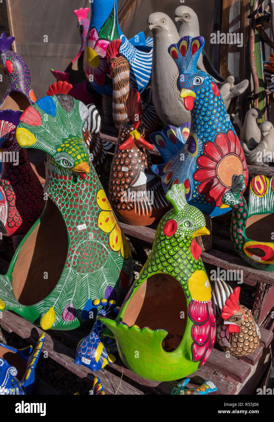 Mexican folk art birds terracotta chickens, roosters, doves and quail
