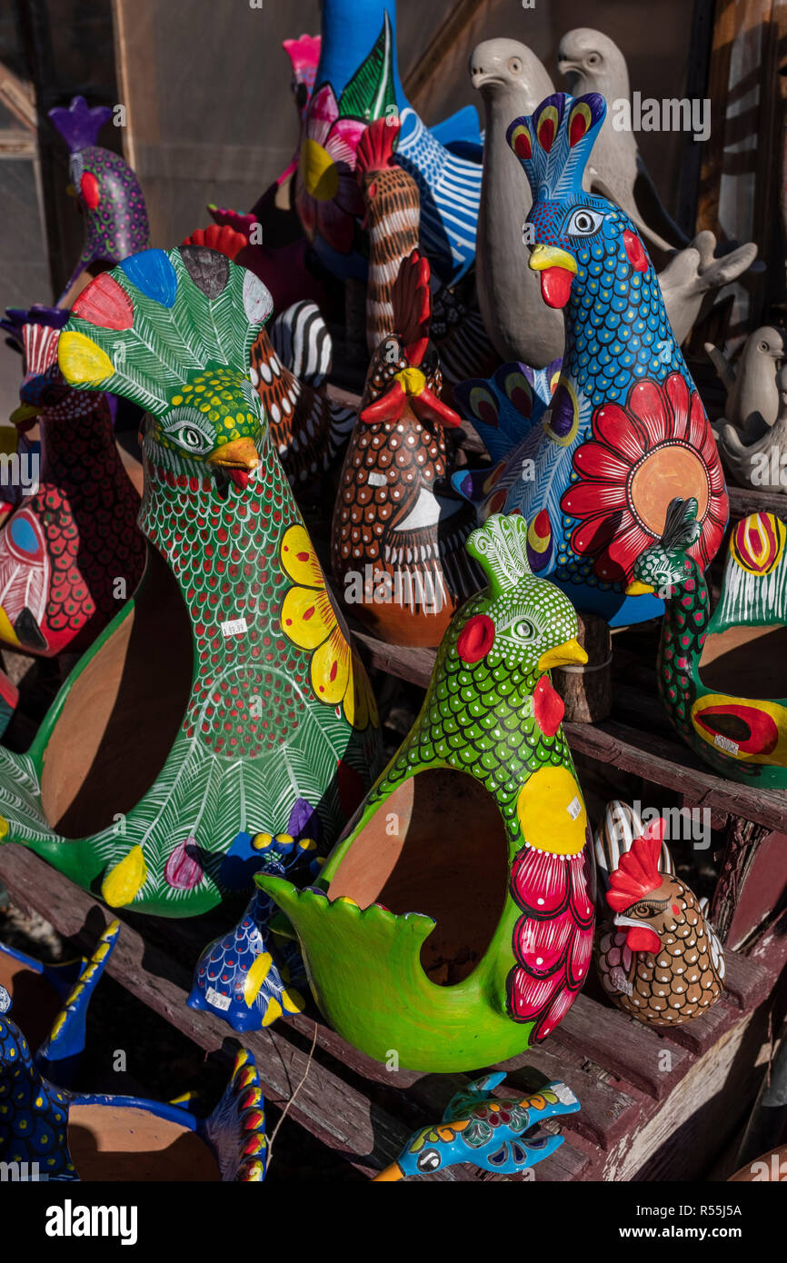 Mexican folk art birds terracotta chickens, roosters, doves and quail