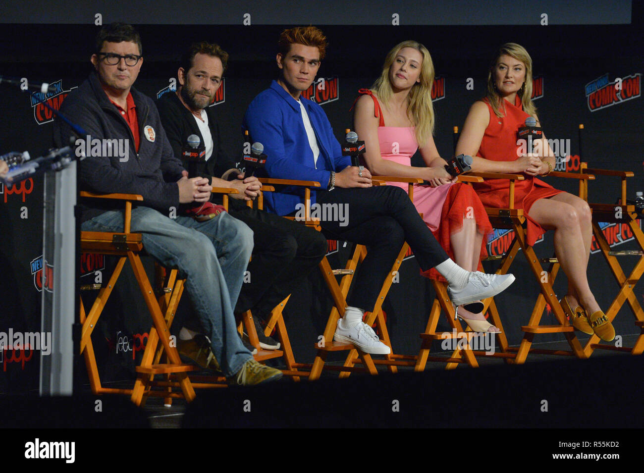 Roberto Aguirre-Sacasa, Luke Perry, JK Apa, Lili Reinhart and Madchen Amick onstage at the Riverdale Sneak Peek and Q&A during New York Comic Con at T Stock Photo