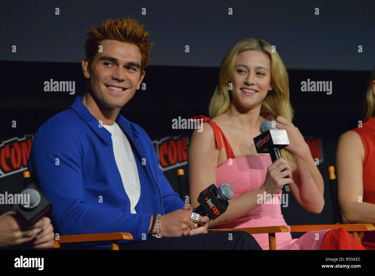 JK Apa and Lili Reinhart onstage at the Riverdale Sneak Peek and Q&A during New York Comic Con at The Hulu Theater at Madison Square Garden on October Stock Photo