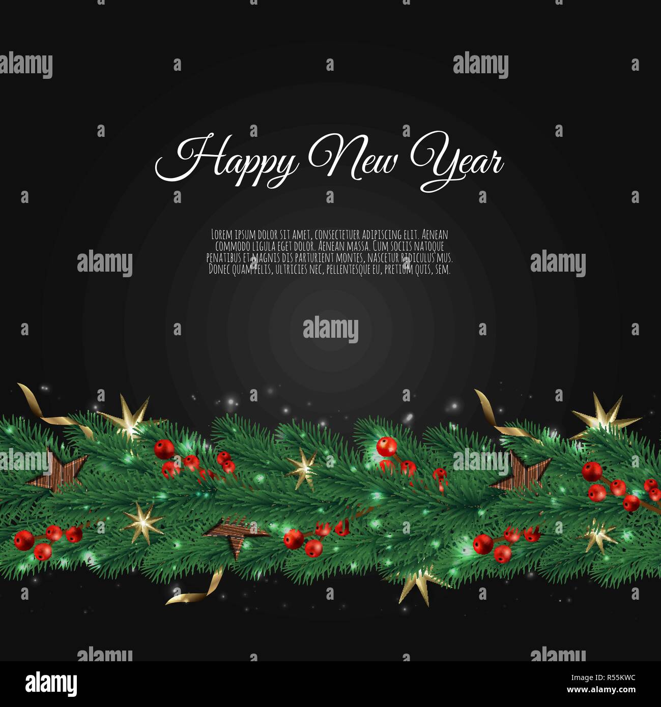 Christmas decoration with fir branches and red berries on a dark ...
