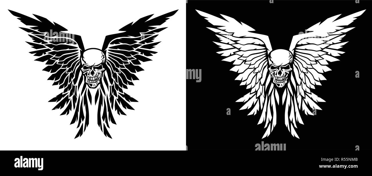 Classic skull and wings vector illustration in both black and white versions Stock Vector