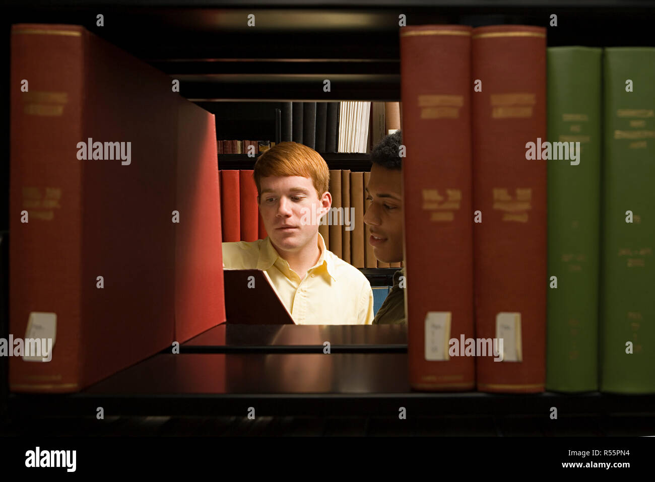 Two students reading in the library Stock Photo