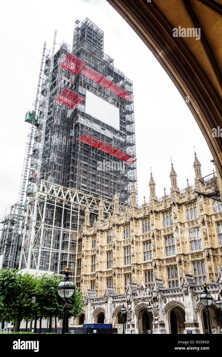 London England,UK,Palace of Westminster,Parliament,exterior,Big Ben tower,scaffolding,restoration preservation,construction work,UK GB English Europe, Stock Photo