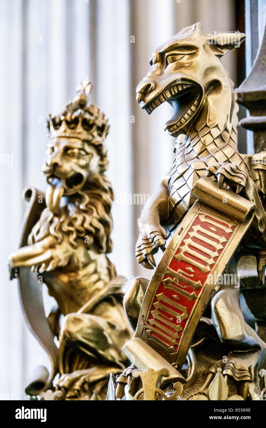 London England,UK,Palace of Westminster,Parliament,interior inside,sculpture,crowned lion,dragon,gilded,UK GB English Europe,UK180828018 Stock Photo