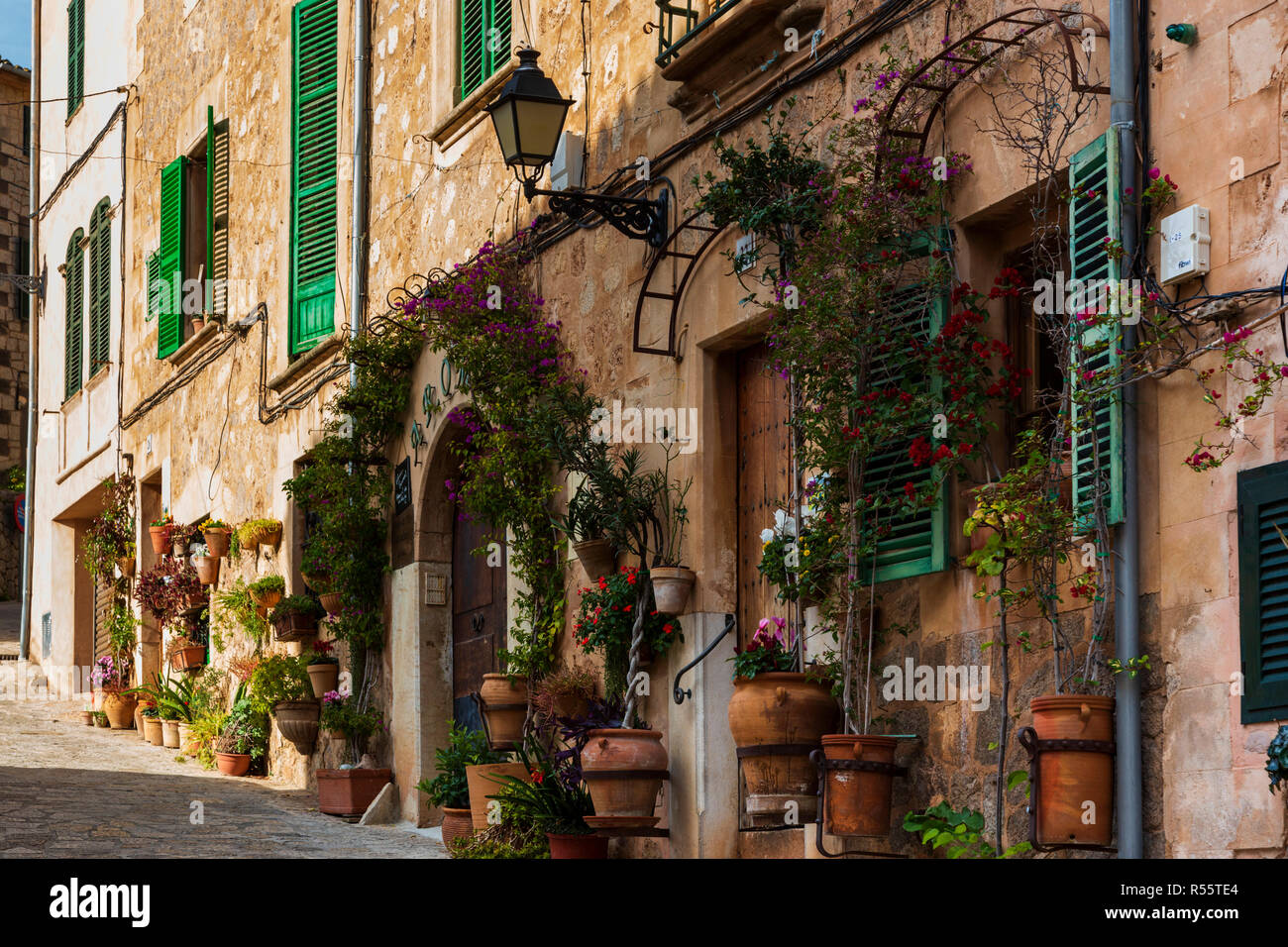 Houses with flower pots, Valldemossa, Mallorca, Majorca, Balearics, Spain Stock Photo