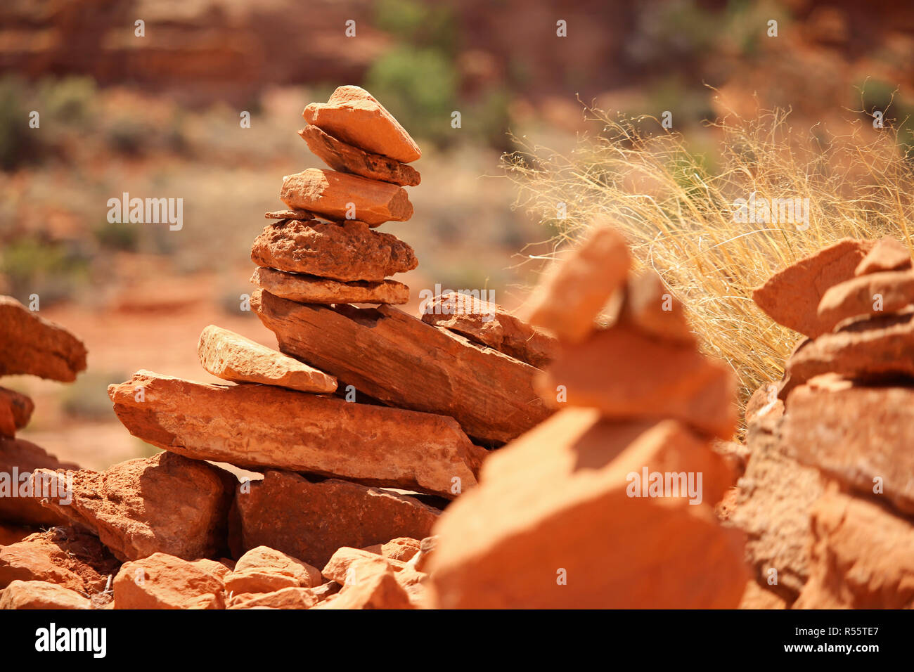 Rock cairns constructed by hikers in the desert Stock Photo Alamy