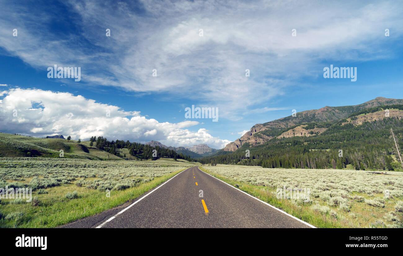 Open Road Mountain Background Journey Two Lane Blacktop Highway Stock Photo