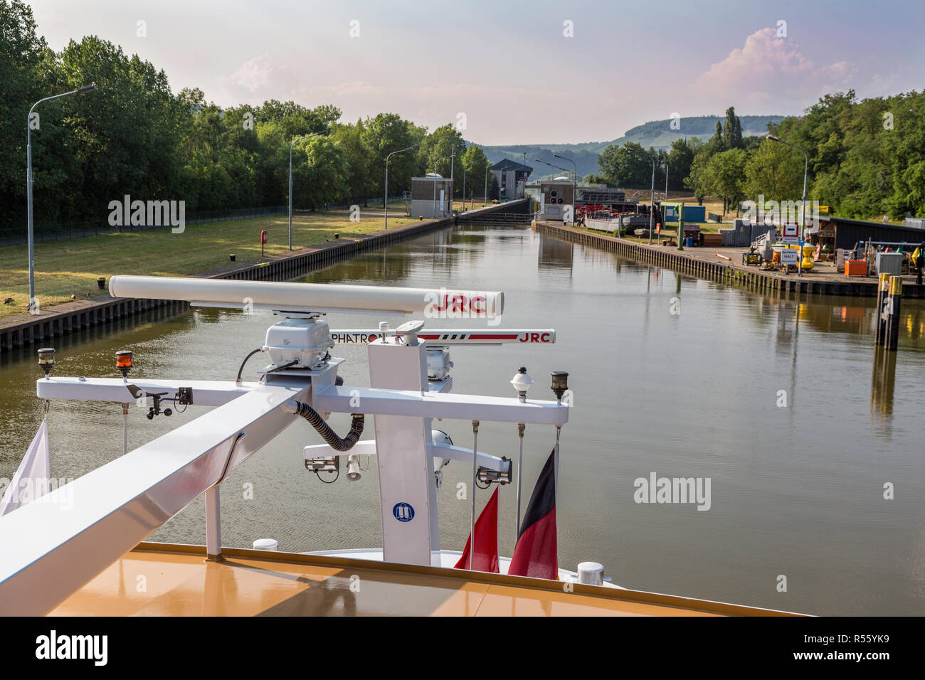 Germany.  Moselle River near Mehring.  Approaching a River Lock. Stock Photo