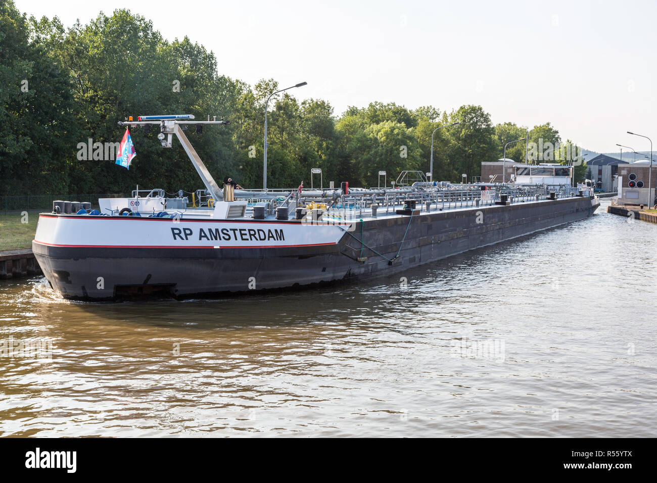 Germany.  Inland Tanker RP Amsterdam Transiting Lock on the Mosel River. Stock Photo