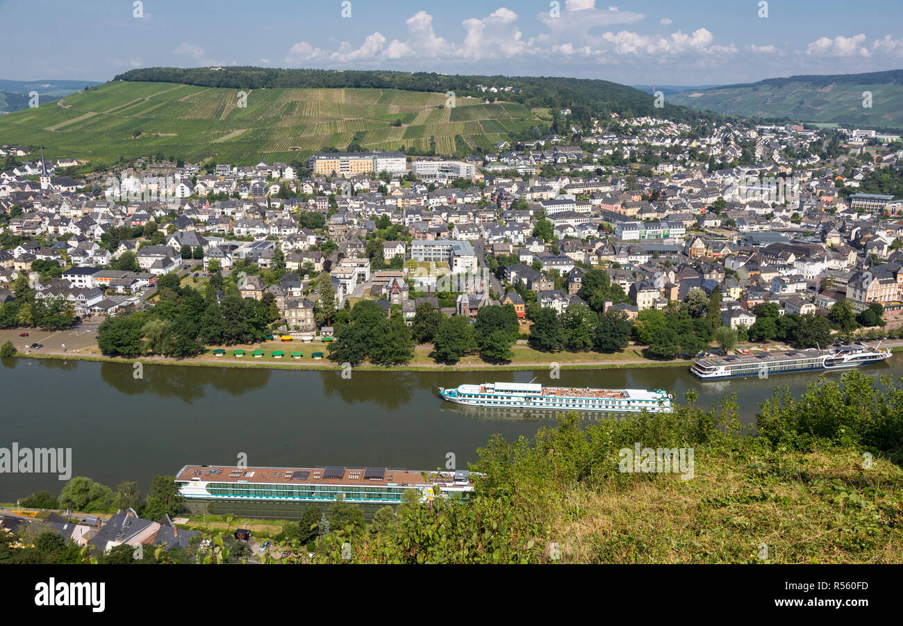 Bernkastel-Kues, Germany, with  Moselle River Cruise Boats.  View from Landshut Castle. Stock Photo