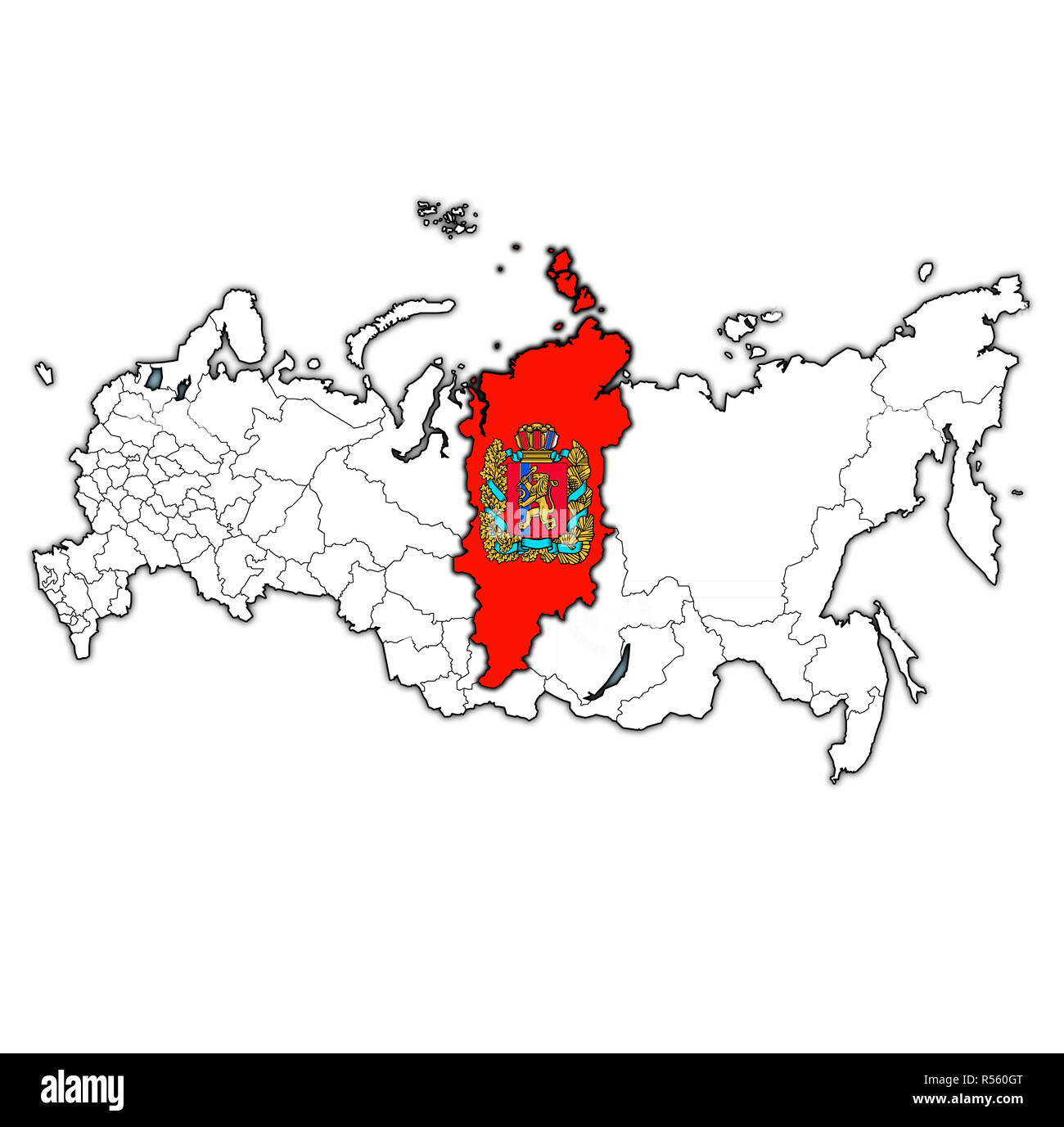 emblem of Krasnoyarsk krai on map with administrative divisions and