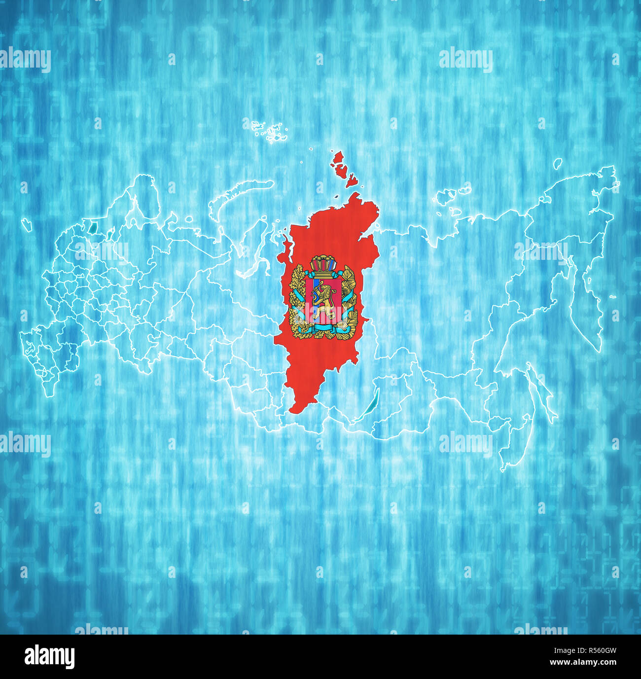 emblem of Krasnoyarsk krai on map with administrative divisions and borders of russia Stock Photo