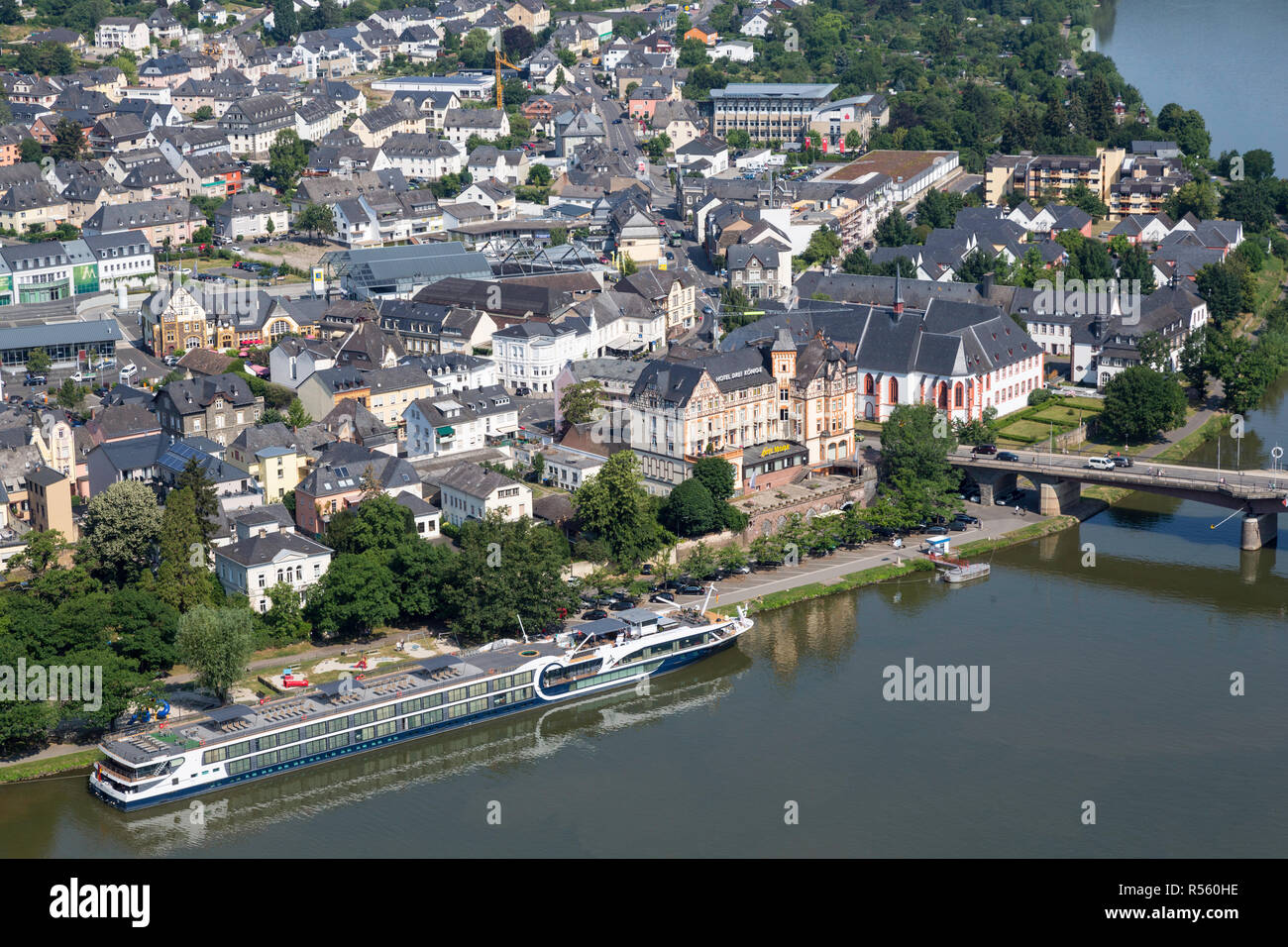 Bernkastel-Kues, Germany, with  Moselle River Cruise Boats. Stock Photo