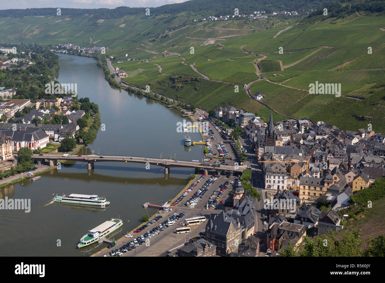 Bernkastel-Kues, Germany, and the Moselle River, Seen from Landshut Castle. Stock Photo