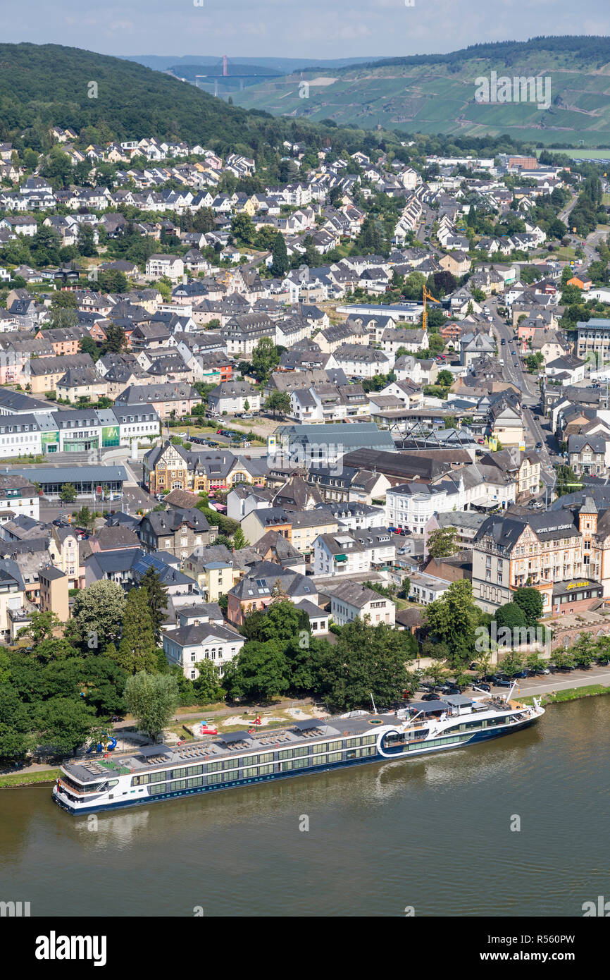 Bernkastel-Kues, Germany, and River Cruise Boat on the Moselle. Stock Photo